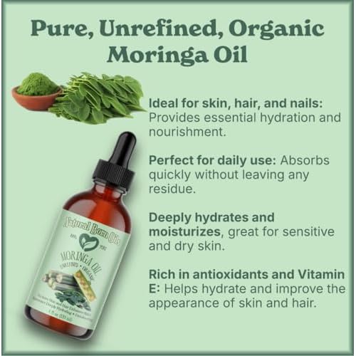 Natural Born Oils Moringa Oil, 8oz, Organic, Cold-Pressed, Rich in Vitamins A & C, Ideal for Moisturizing Skin, Strengthening Hair