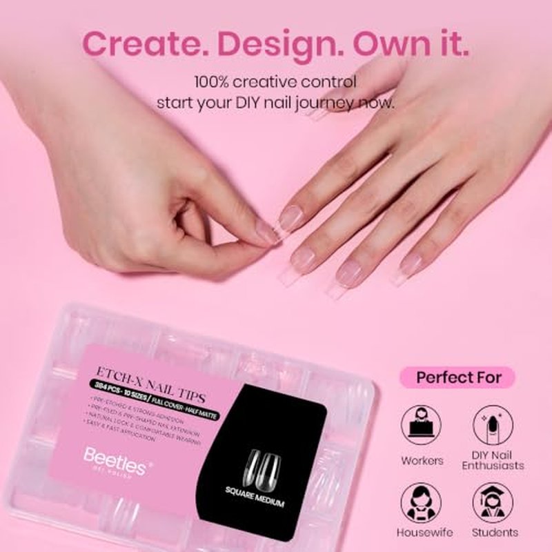 Beetles Gel Nail Tips - 384pcs Square Medium, Pre-Etched Half Matte