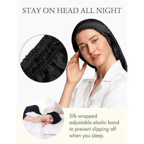 LilySilk Extra Long Silk Bonnet Sleep Cap for Women Soft Adjustable Hair Bonnet for Braids,Curly,Long Hair- Soft Elastic Band, Black