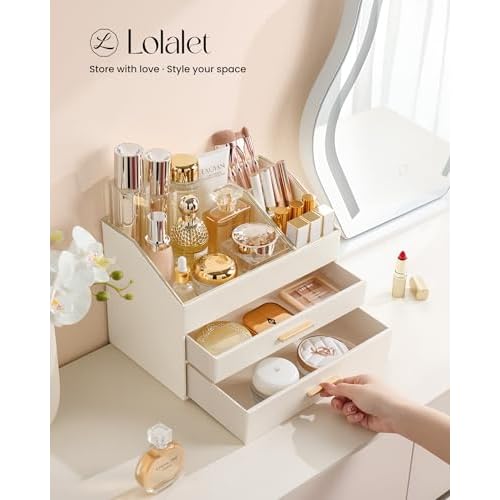 Lolalet Makeup Organizer for Vanity Desk, 3-Layer PU Leather Luxury Make Up Storage Cosmetics Holder Box with Drawers -Cream