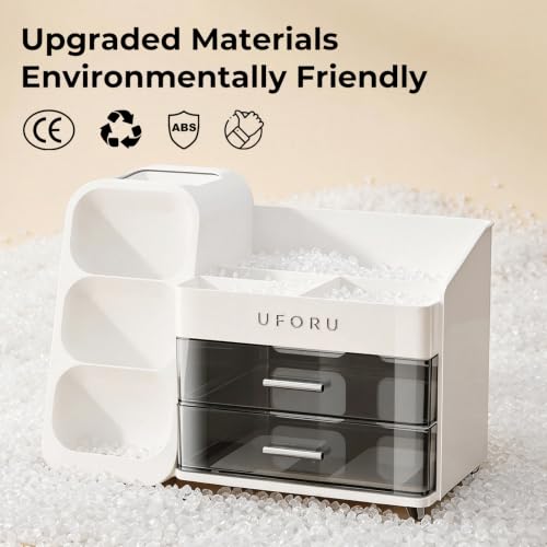 UFORU White Makeup Organizer with Brush Holder for Vanity & Bathroom