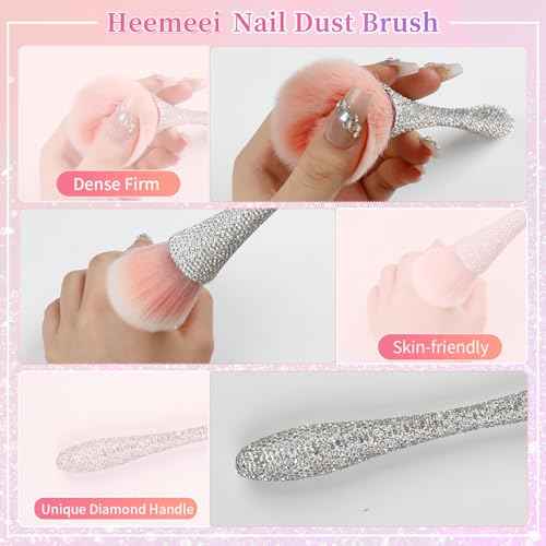 Nail Dust Brush with Shiny Rhinestones, Dust Brush for Nails, Fluffy Nail Duster Brush for Acrylic Nails Powder Remover, Acrylic Cleaning Brush Acrylic Nail Tools