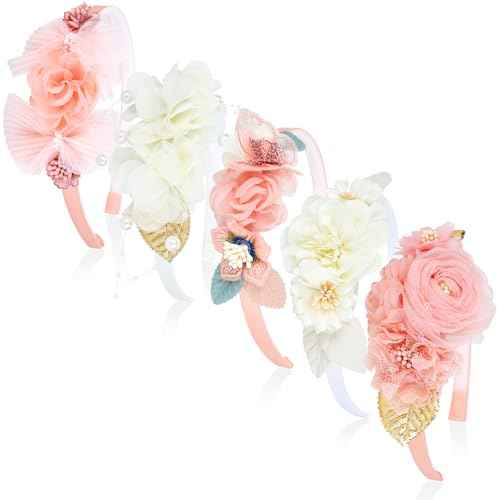 5 Pieces Pink Ivory Chiffon Flower Plasitc Headbands Floral Hair Bands Hoops Accessories for Baby Girls Toddlers Kids Teens