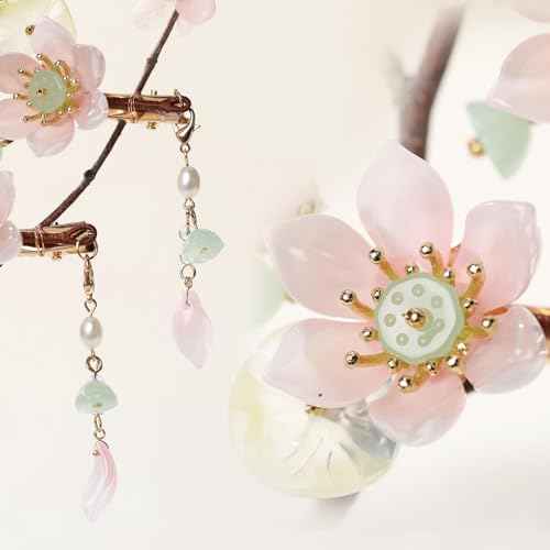 SHIYANG Handmade Pink Lotus Hair Clips, Floral Hair Decoration for Hanfu, Chinese and Korean Fashion