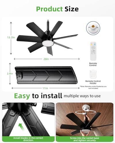 28 Inch Socket Ceiling Fan Light with Remote, E26/E27, LED Dimmable