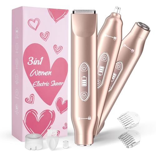 Bikini Trimmer for Women£¬3 in 1 Electric Razor with Ceramic Blades, IPX7 Waterproof, USB Rechargeable, Painless Hair Removal for Face£¬Body£¬Bikini Area, Travel Grooming Kit (Rose Gold)