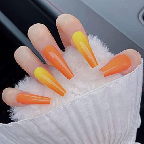 Gangel Coffin Press on Nails Extra Long Fake Nail Ballerina False Nails Glossy Full Cover Yellow Orange Fake Nails Acrylic Daily Wear Party for Women and Girls 24Pcs (Autumn)