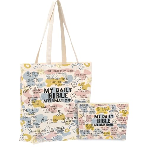 Daily Affirmations for Women Faith Christian Gifts£¬2PCS Cosmetic Bag Canvas Tote Bag Beach Bags with Pocket Makeup Bags£¬Scripture Bible Verse Mental Health Gifts for Female Friend Birthday Christmas