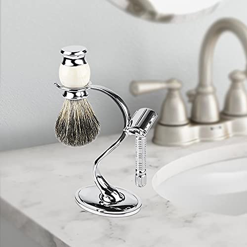 Linkidea Razor Holder Stand, Zinc Alloy Shaving Brush Organizer with Non-Slip Base, Safety Shaver Kit for Shower, Bathroom Compatible with Vikings Blade the Chieftain (Chrome)