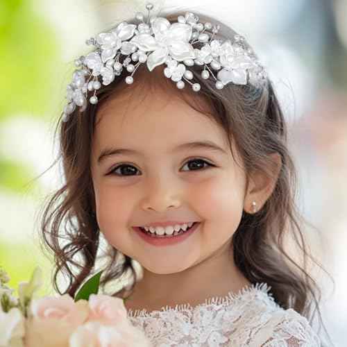 Woeoe Pearl Flower Girl Headpiece, Communion Headband, White Hair Accessories for Girls