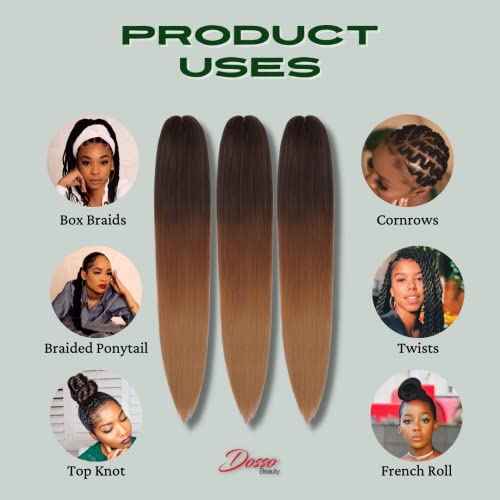 Dosso Beauty 3 Pack Hypoallergenic Pre-Stretched Braiding Hair, 28 Inches, Itch-Free, Fast Drying, Hot Water Set, Light-weight-85g, Synthetic, Natural Looking color- (#2)