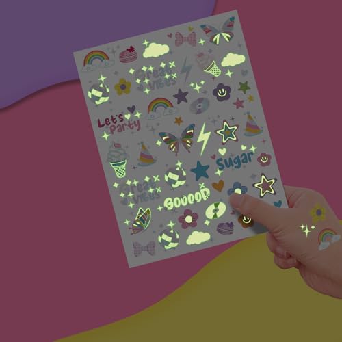 Glow in Dark Temporary Tattoos Adult - 126 PC; Festival Vibe Birthday Party Supplies, Great Vibes Disco Groovy Tattoos, Smiley Decorations, Y2K Decor, Flower Power Birthday Party Supplies