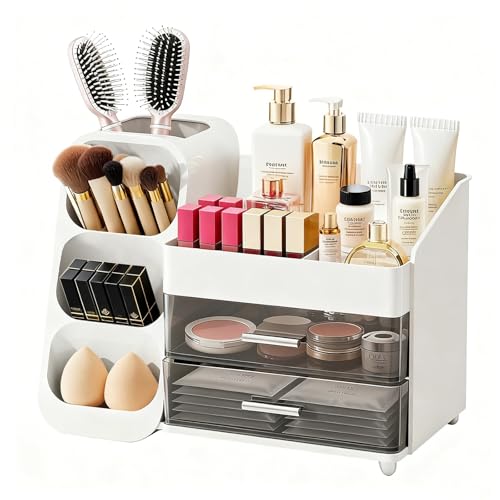 Makeup Organizer with Brush Holder for Vanity, Spacious Cosmetic Display Case with 2 Drawers, The Perfect Bathroom Vanity Organizer for Beauty Essentials, Skincare, Lipsticks