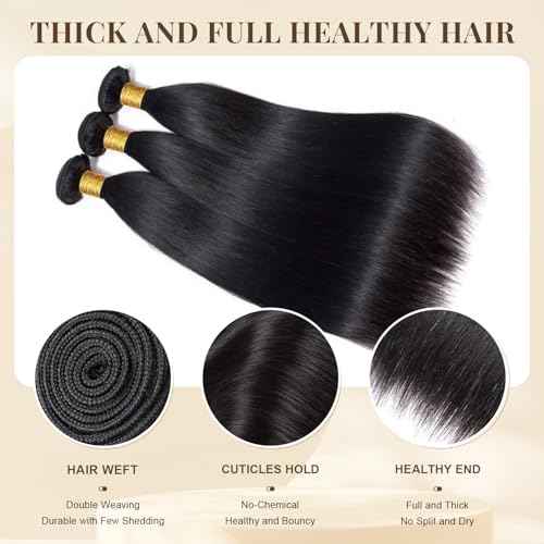 Straight Human Hair Bundles 10 12 14 Inch 12A Brazilian 3 Bundles Deals Human Hair 100% Unprocessed Virgin Hair Double Machin Weft for Black Women Natural Black Color Hair Extensions