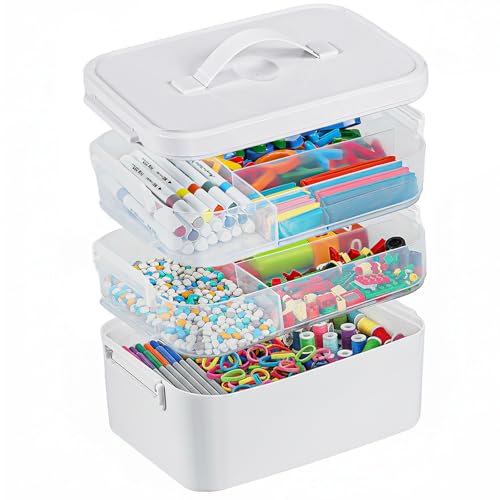 White 3-Layer Plastic Craft Organizer Box with Removable Trays, Handle, 10.6x7.6x9 in