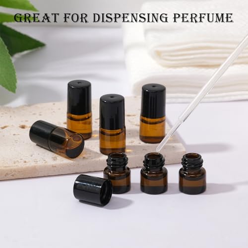 60 pack 1ml Amber Glass Roller Bottles for Essential Oils Refillable Roll-on Applicator with Stainless Steel Roller Balls Mini Leak-proof Makeup Containers with Pipettes and Bottle Opener