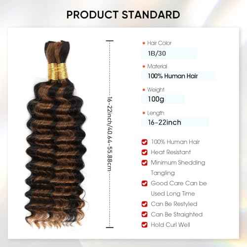 Human Braiding Hair 18 Inch 100g 1B/30 Ombre Highlight Deep Wave Human Hair for Boho Knotless Braids No Weft Curly Wet and Wavy Braiding Hair (1B/30)