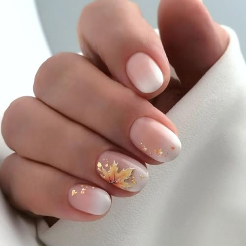 Fall Press on Nails Short Fake Nails Round Head False Nails with Maple Leaf Gold Foil Design Glossy Gradient Pink White Acrylic Nails Full Cover White Nail Tips Glue on Nails for Women and Girls