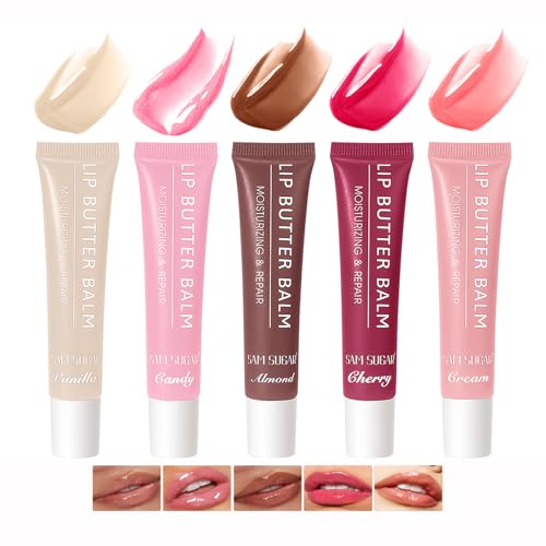 5-Color Lip Balm Butter Set with Plumping Gloss Oil