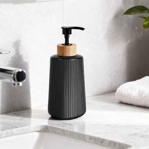 Black Glass Soap Dispenser, Thickened Glass Hand Soap Dispenser for Bathroom, Kitchen Dish Washing Liquid Bottles, Shampoo and Conditioner Bottles, Modern Farmhouse Style, (Black, Set of 1, 12oz)