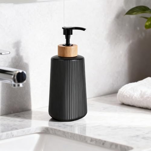 Glass Soap Dispenser, 12oz Modern Farmhouse Style with Bamboo Pump