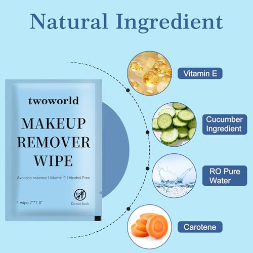 Twoworld Makeup Remover Wipes Bulk Individually Wrapped,Travel Makeup Wipes Gentle for Face Cleansing Mascara Lipstick Travel Hotel(Cucumber,Pack of 100)