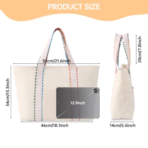 Rainbow Rick Rack Tote Bag for Women - Natural Cotton Canvas, Reinforced Handles