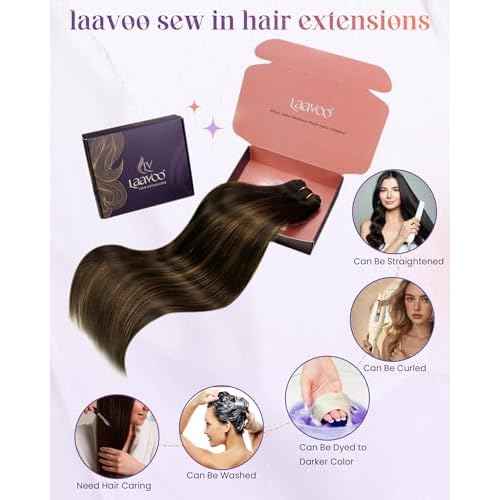 LaaVoo Weft Hair Extensions Human Hair Brown Weft Extensions Real Human Hair Silky Straight Sew in Hiar Extensions Dark Brown Mix Light Brown Balayage Short 14 Inch 80g