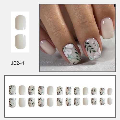 24 Pcs Short Square Flower nails Press on Nails Pure White False Nails with Floral and Leaves Design Acrylic Nails Glossy floral Reusable Fake Nails Fully Cover Stick on Nails for Women and Girls