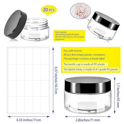 MotBach 20 Pack 4oz Plastic Jars with Lids, 120ml Round Clear Cosmetic Containers Makeup Jars,Travel Size Containers Jar for Lotion Cream Eyeshadow Samples Ointment Salve Balm Powder Travel Storage