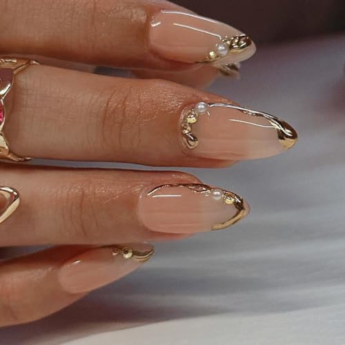 Gold French Tip Almond Press-On Nails - Medium Fake Nails Set (24 Pcs)