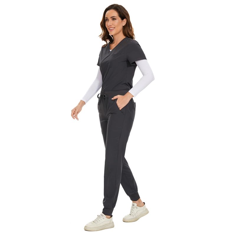 COZYFIT Scrubs for Women Set - Stretch V-Neck Scrub Top & Jogger Pant with 8 Pockets, Yoga Waistband, Anti Wrinkle, Slim Fit Women Scrubs