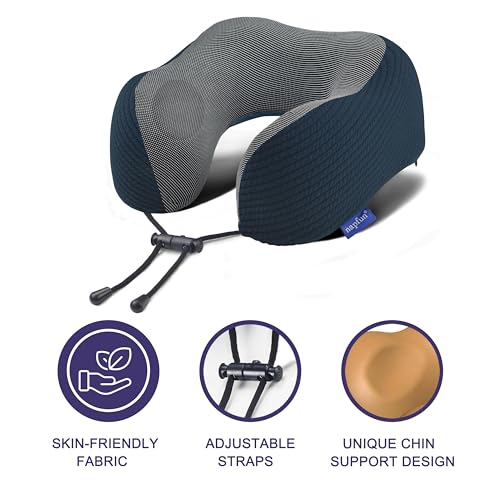 napfun Neck Pillow for Traveling, Upgraded Travel Neck Pillow for Airplane 100% Pure Memory Foam Travel Pillow for Flight Headrest Sleep, Portable Plane Accessories, Deep Blue Set, Medium (120-200LB)