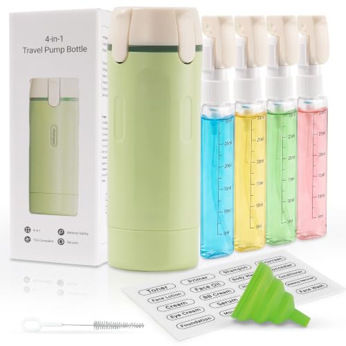 4-in-1 Travel Dispenser Bottles Set – Leak-Proof Refillable Toiletry Containers with Labels for Shampoo, Conditioner, Lotion, Creams – TSA Approved, Green