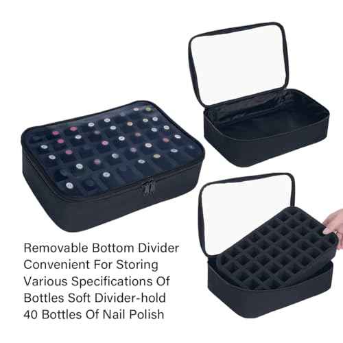 Small Clear Nail Polish Organizer Holds 40 bottles(15ml-0.5fl.oz) Nail Polish Case Multifunctional Nail Polish Bag organizer, Cosmetic Travel Makeup Bags for Women Black