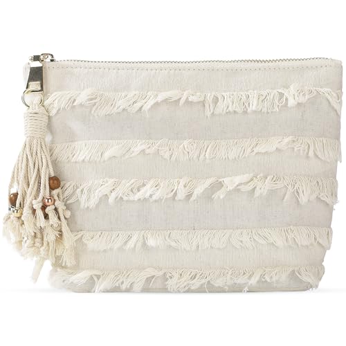 Canvas Cosmetic Bag Handmade Embroidered Lace Makeup Bag Large Capacity Natural Linen Make Up Pouch Purse Organizer Boho Travel Toiletry Bag for Women (tassel)
