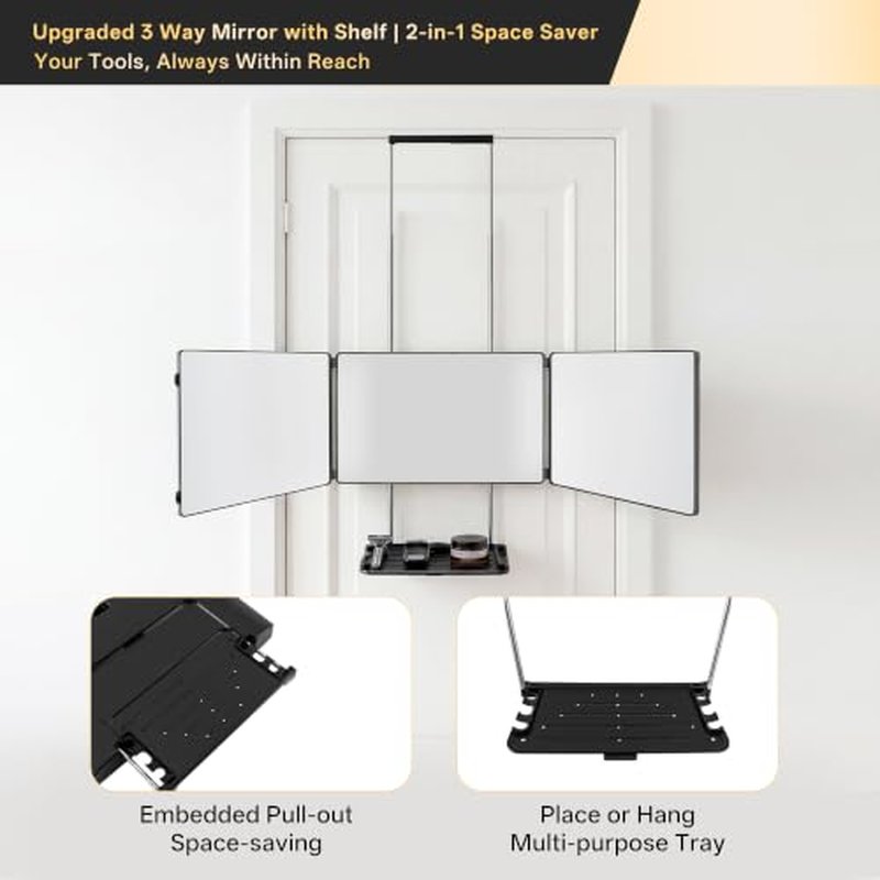 3-Way Folding Mirror with Shelf for Haircuts & Makeup