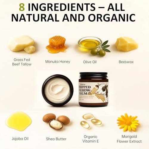 Whipped Tallow Balm for Face ? 100% Grass-Fed Organic Beef Tallow Cream with Manuka Honey & Beeswax ? Body & Face Moisturizer for Sensitive Skin, Nourishing & Repairing, 4.2 oz