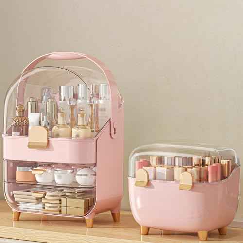Makeup Organizer with Lipstick Holder, Skincare Organizers Storage Box Cosmetic Display Cases, Teen Girl Gifts Make up Organizers for Vanity, Dresser, Countertop, Bathroom(Pink)