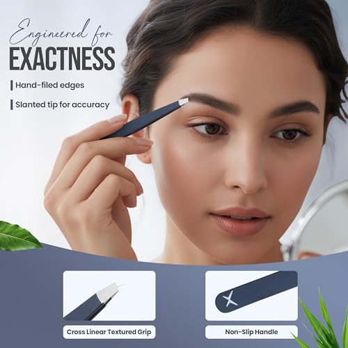 Professional Slant Tip Tweezers - Precision Stainless Steel Eyebrow Plucking Tool for Women and Men, Ingrown Hair Remover, Facial Hair Tweezers for Grooming (Velvet Navy)