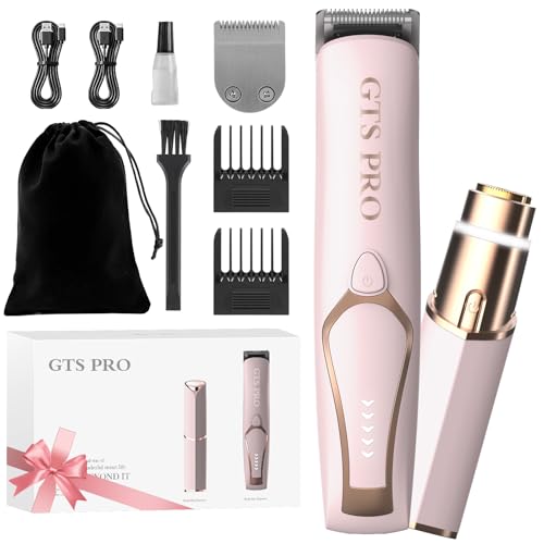 Bikini Trimmer for Women Electric Razor 2 Pack Dual Head Body & Facial Hair Remover -Waterproof USB Rechargeable with Replacement Ceramic Blades, Travel Pouch & Packaging Box(Pink)