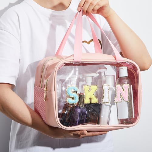 Geetery Chenille Letter Patch Makeup Bag with Handy Handle - Preppy Nylon Cosmetic Organizer with Zipper, Large Travel Toiletry Storage Bag for Women Portable Pink Makeup Case, Women Gifts