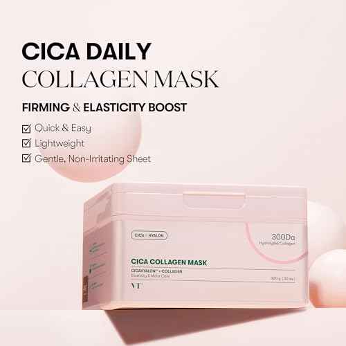 VT COSMETICS CICA Collagen Daily Mask 30 Sheets, 300Da Low Molecular Collagen for Skin Elasticity, Hydrating & Firming, Pink Collagen Essence, Korean Face Mask