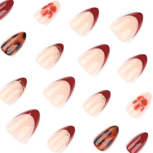 72-3D Burgundy French Gold Short Almond Press-On Nails - Tortoise Shell & Floral Design