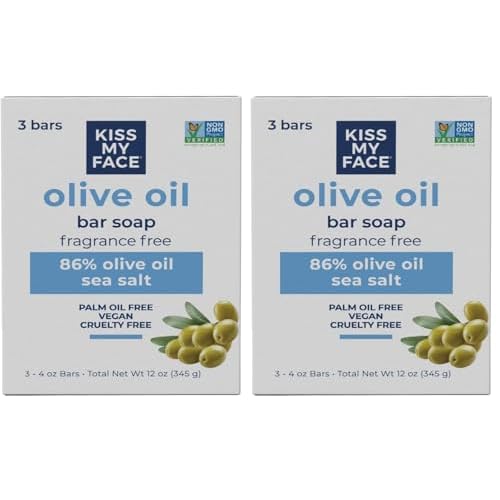 Kiss My Face Olive Oil Fragrance Free Bar Soap,Moisturizing Bar Soap,Cruelty Free Vegan-Soap,Palm Oil-Free,4 Oz -,(Pack of 6)