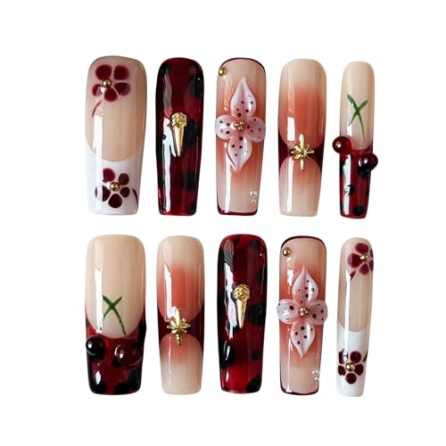 Rouge Sonata 10pcs Press On Nails for Women, Crimson Floral Golden Accent Acrylic UV Gel Wearable Nails, Korean Style Wine Red Gradient Cherry Blossom Fake Nails Set (Dark red, L)