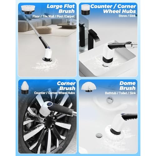 Electric Spin Scrubber,Bathroom Cleaning Brush,Shower Scrubber with Long Handle 8 Replaceable Brush Heads Voice Broadcast 3 Rotating Speeds,Tub Scrubber,Cordless Power Cleaning Brushes Floor Tile