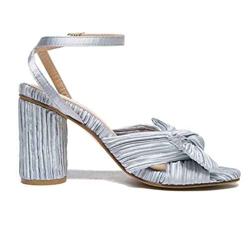 Athlefit Women's Open Toe Chunky Heels Pleated Bow Ankle Strap Heeled Sandals Wedding Bridal Shoes