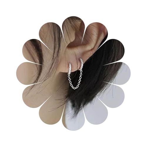 Boho Double Chain Hoop Earrings Silver Cz Hoop Chain Earrings Punk Dangle Chain Earrings Rhinestone Huggies Earrings Jewelry for Women Gifts (Silver)