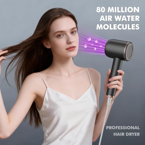 Black Professional Ionic Hair Dryer with Diffuser & Nozzle - Fast, Low Noise Styling